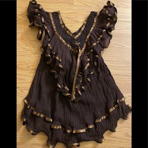 Mexican brown toddler bohemian top - cotton gauze swing top with a crochet neck